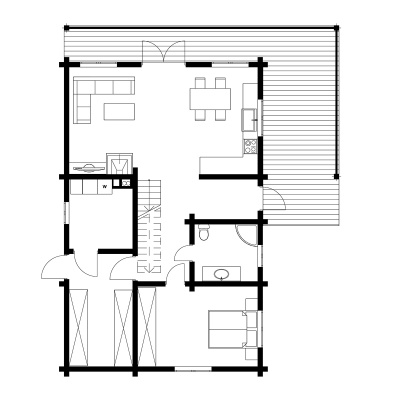 UAB Log Villa 103 m2 rąstinio namo 1 aukšto išplanavimas